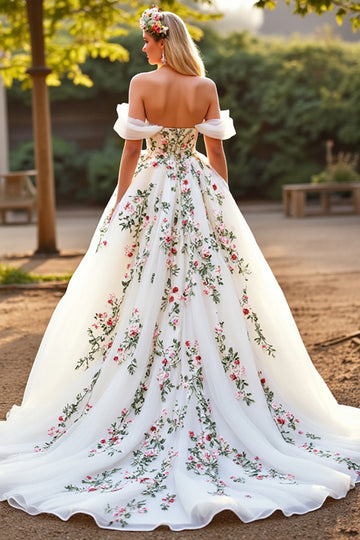 Robe de mariée florale en tulle blanc à épaules dénudées